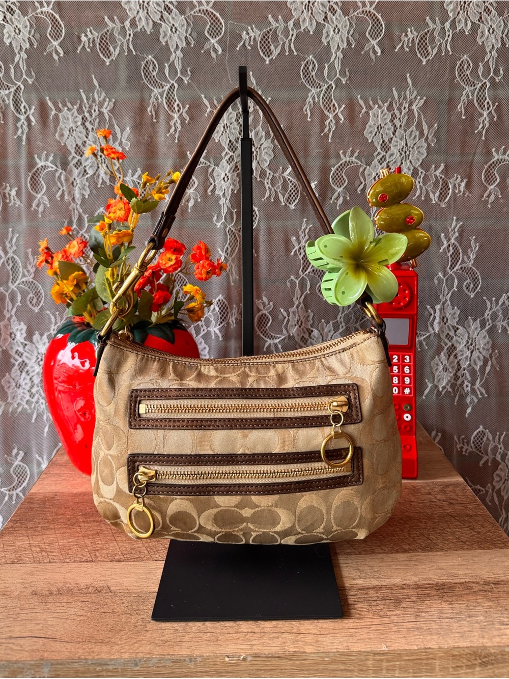Coach Beige Signature Canvas Shoulder Bag with Brown Leather Trim